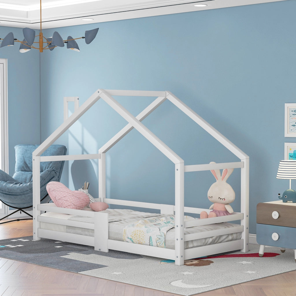 Letto a casetta per bambini 90 x 200 cm con sponde di sicurezza e rete a doghe, struttura in pino massello bianco, materasso non incluso