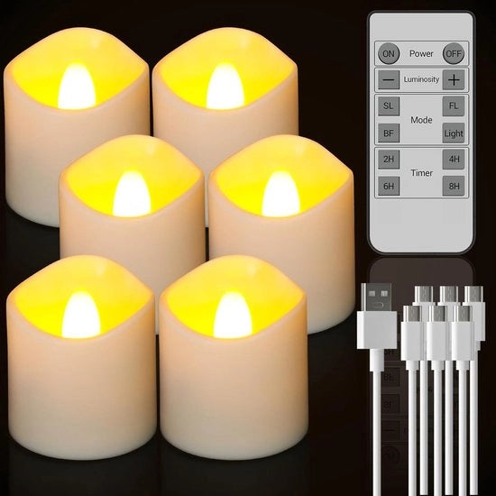 Luminarie LED con funzione di timer - ricaricabili via USB - candele elettriche bianche - fiamma tremolante - con telecomando - cavo di ricarica per Halloween - salotto - camera da letto - decorazione - 4 - 3 x 3 - 9