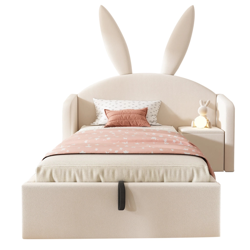 Letto imbottito 90x190 per bambini in velluto beige con testiera a orecchie da coniglio e comodino