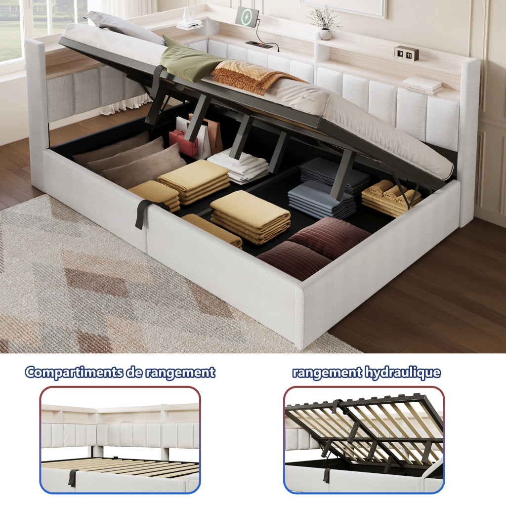 Letto contenitore 140 x 200 cm con contenitore idraulico, LED e USB-A/Type-C, letto imbottito in velluto bianco crema con vani laterali reversibili