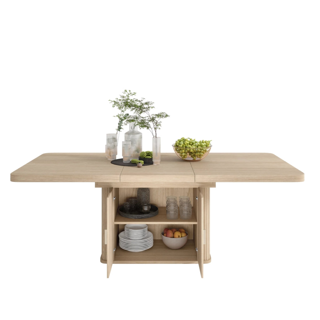Tavolo da pranzo allungabile stile scandinavo, colore quercia, 150/200x90 cm, piano spesso con vano portaoggetti, per 6-8 persone