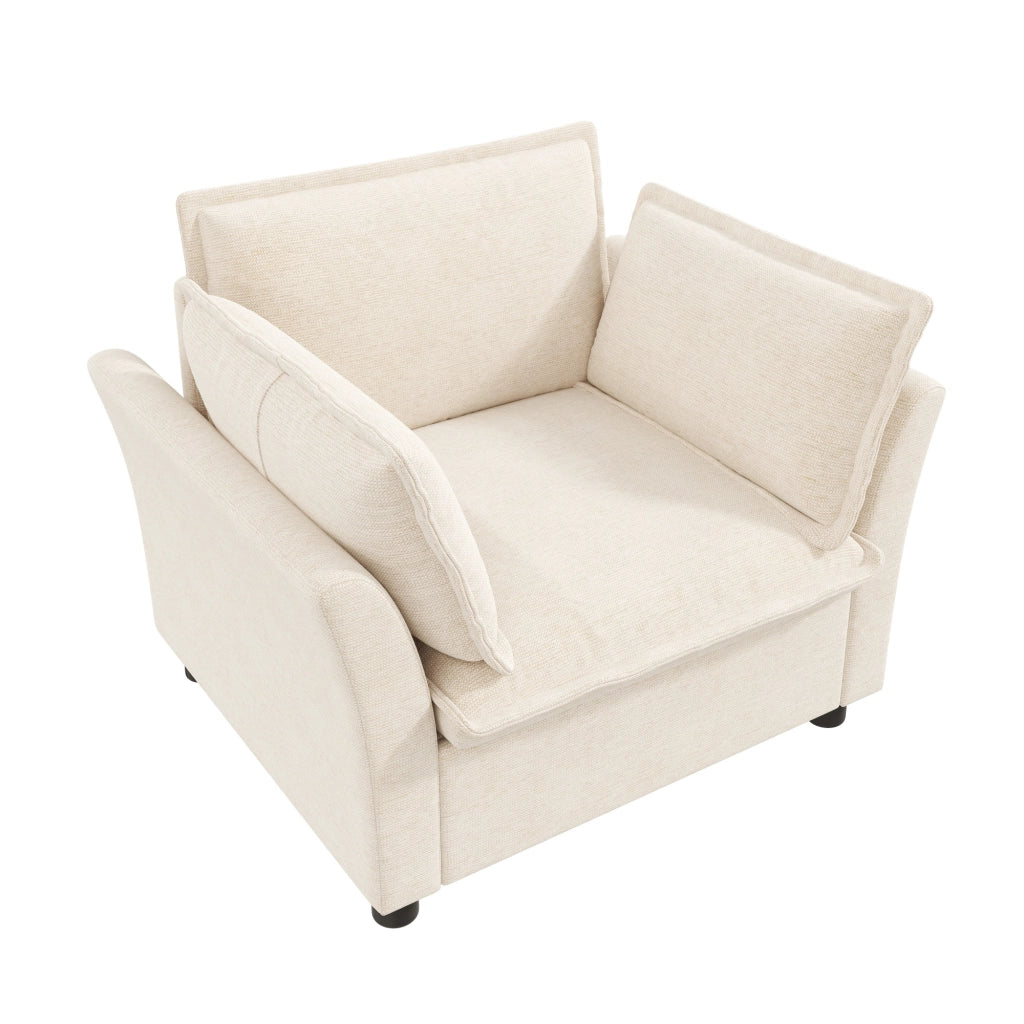 Poltrona relax con braccioli, cuscini e seduta profonda per soggiorno con struttura in metallo in chenille beige