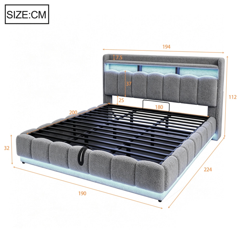 Letto contenitore imbottito ULEVR 180x200 cm con sollevamento idraulico, LED, USB e presa, tessuto boucl¨¦ grigio