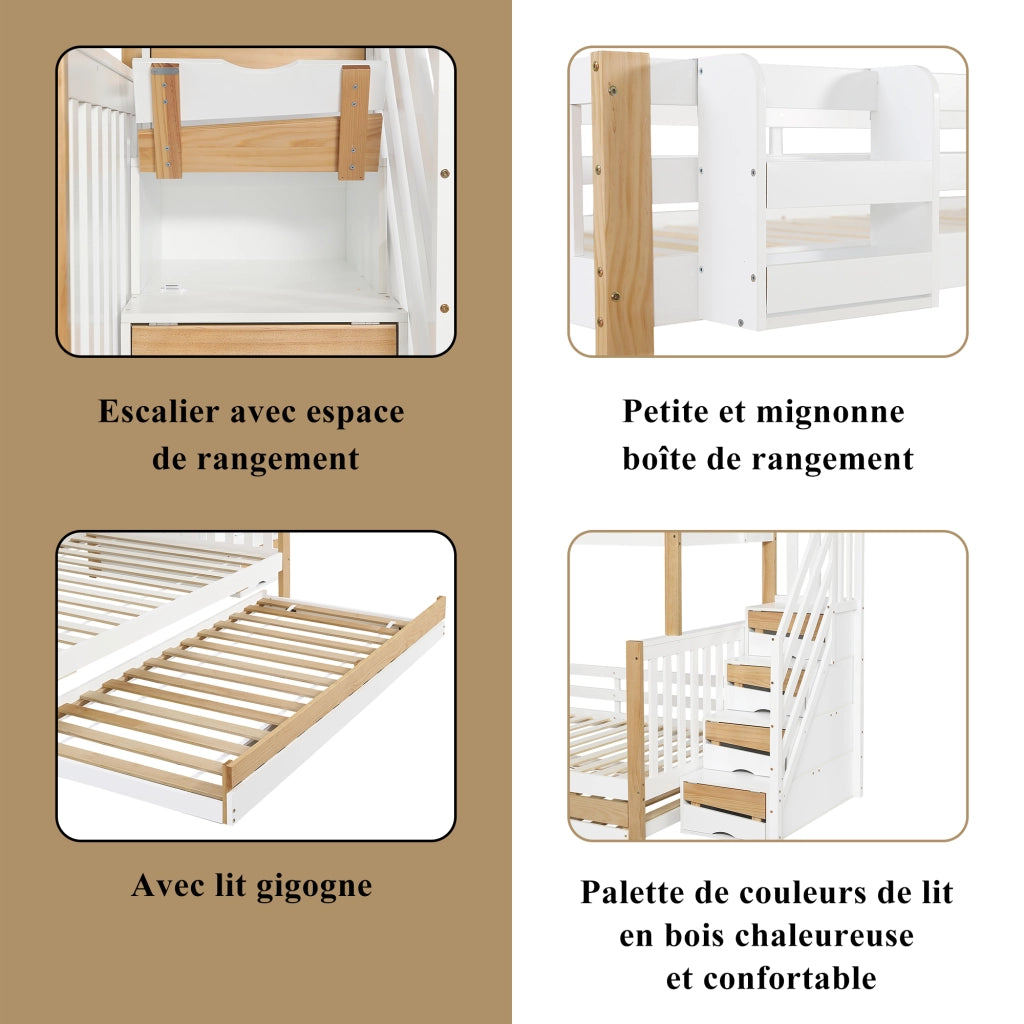 Letto a castello per bambini con letto estraibile; pino e MDF; scala contenitore; bianco e legno naturale