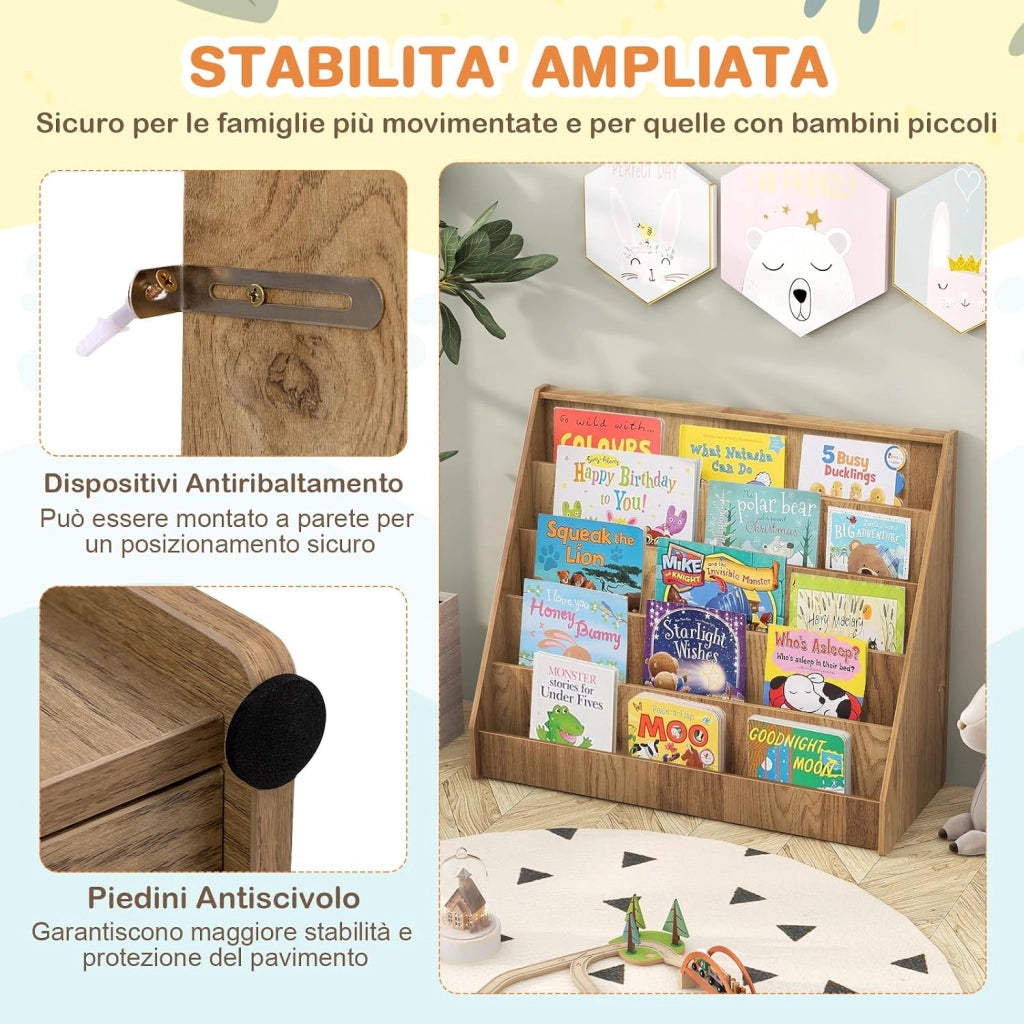 Libreria Montessoriana per Bambini a 5 Livelli Espositivi
Scaffali in Legno con Vano Nascosto Retro e Antiribaltamento, per Cameretta, Soggiorno e Asilo Nido, 91 x 38 x 76,5 cm
