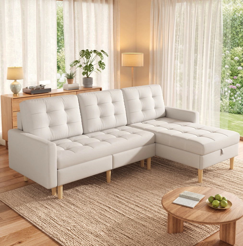Divano angolare con chaise longue reversibile e contenitori; 212 × 130 × 86 cm; beige