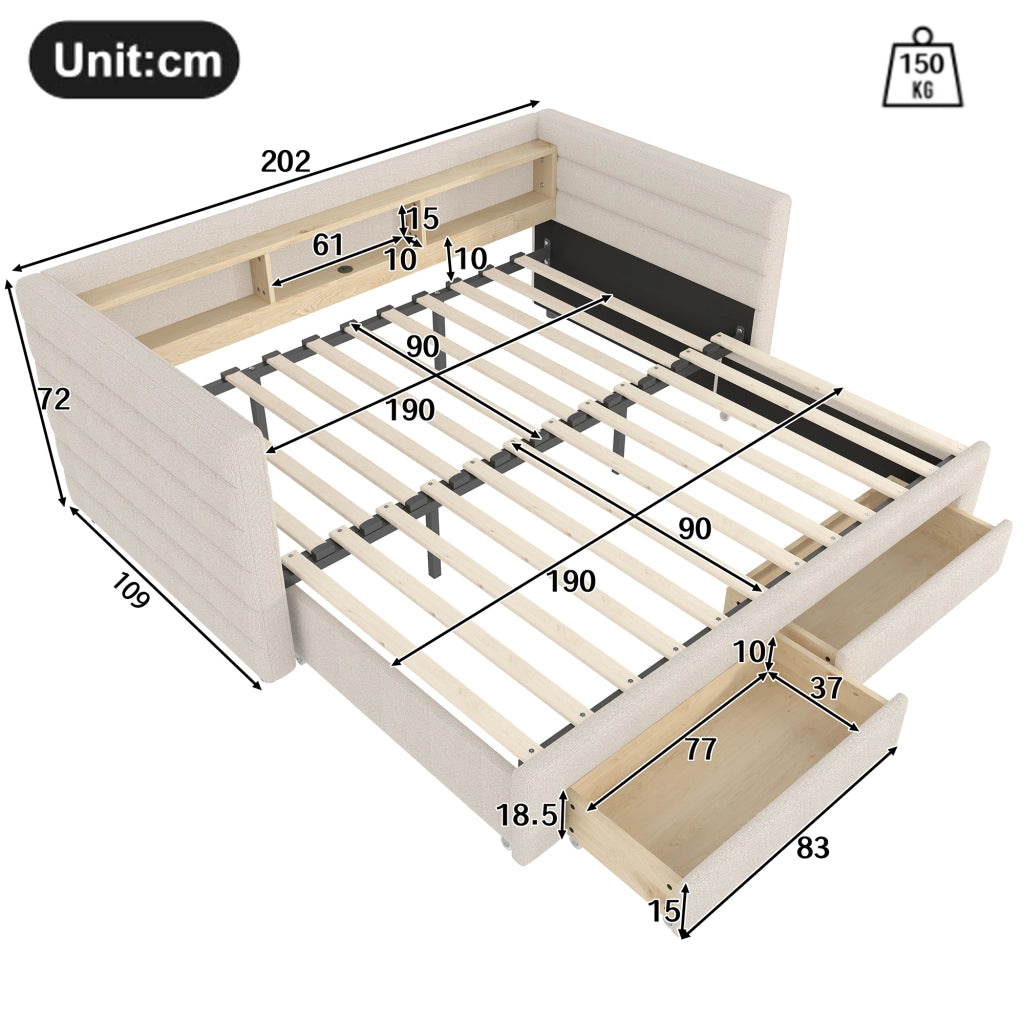 Letto da giorno estraibile 90x190 cm in velluto beige con LED; USB e cassetti
