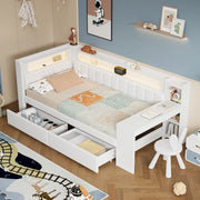 Letto singolo imbottito 90 × 200 cm con scrivania, 2 cassetti, porta USB e LED a 7 colori, senza materasso, bianco