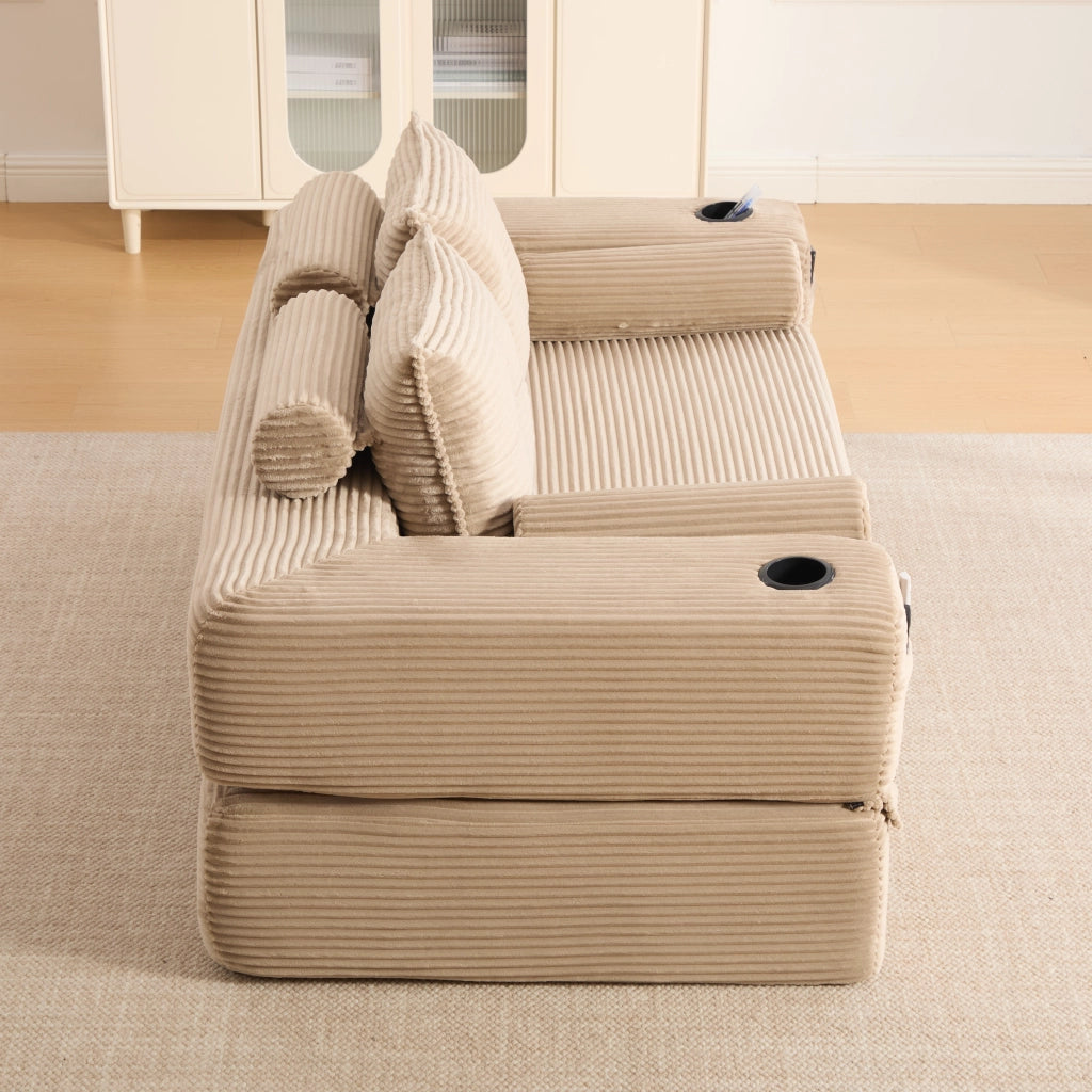 Divano letto 180x98 cm in velluto a coste kaki; con portabicchieri; tasche laterali e cuscini memory