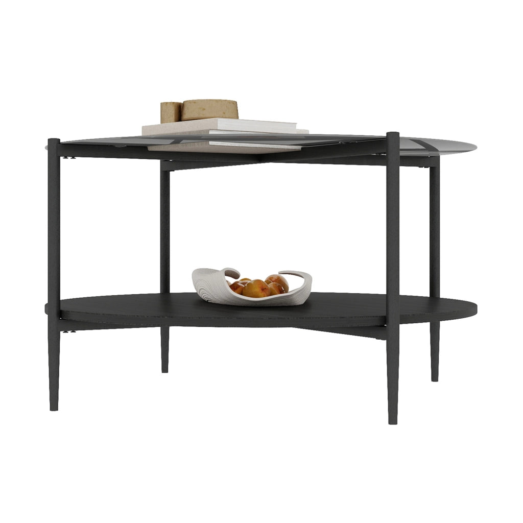 Tavolino basso fisso rotondo a due ripiani in vetro temprato legno e ferro nero diametro 82 cm altezza 45 cm