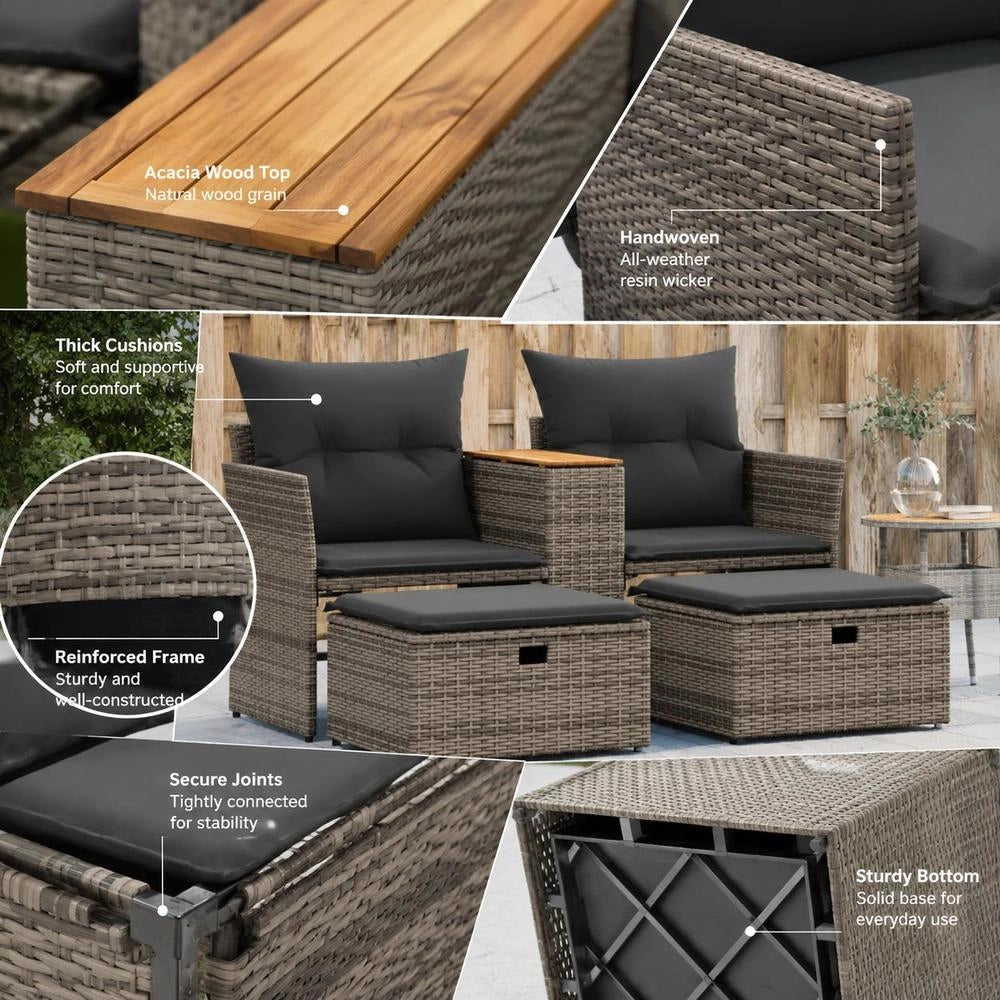 2-seater Garden Sofa With Stools, Grey Poly Rattan