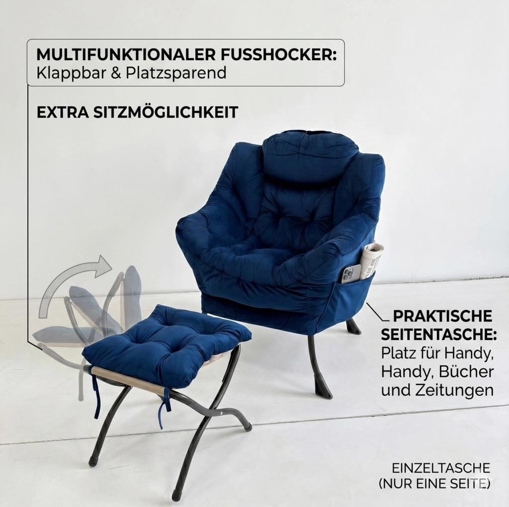 Poltrona relax con poggiapiedi blu scuro con supporto ergonomico e tasca laterale