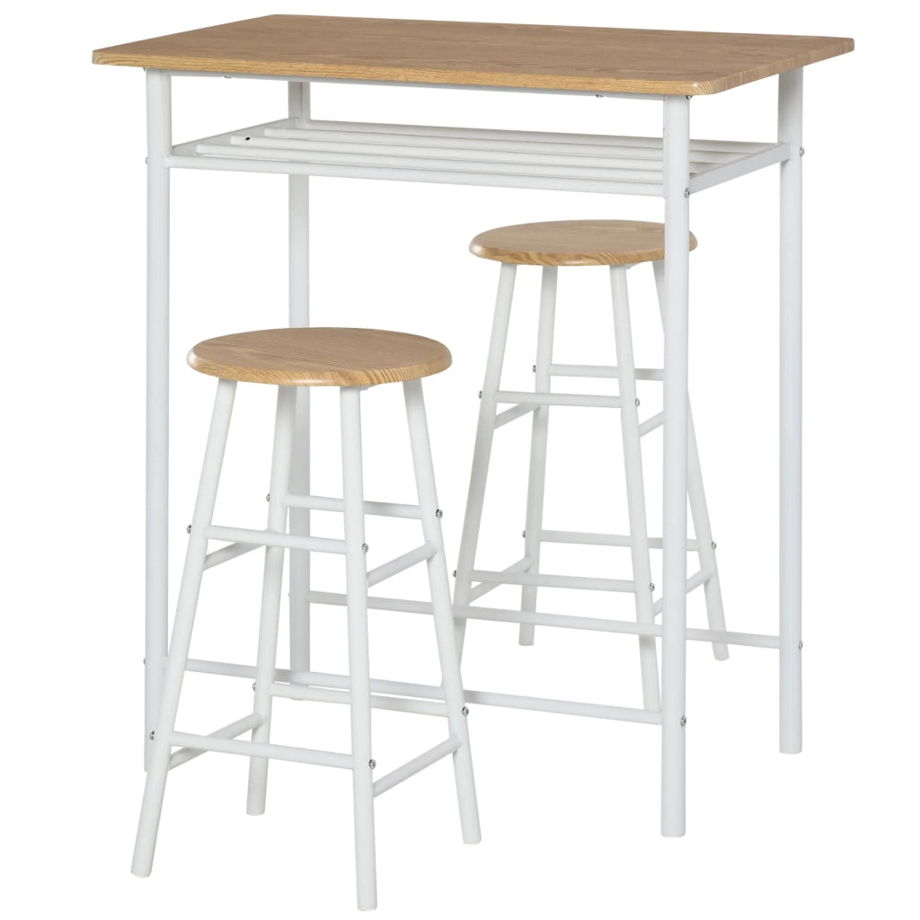 Set Bar 3 Pezzi: Tavolo Alto con Mensola e 2 Sgabelli, Piano in MDF Bianco/Rovere, Struttura in Acciaio, 80x50x90 cm