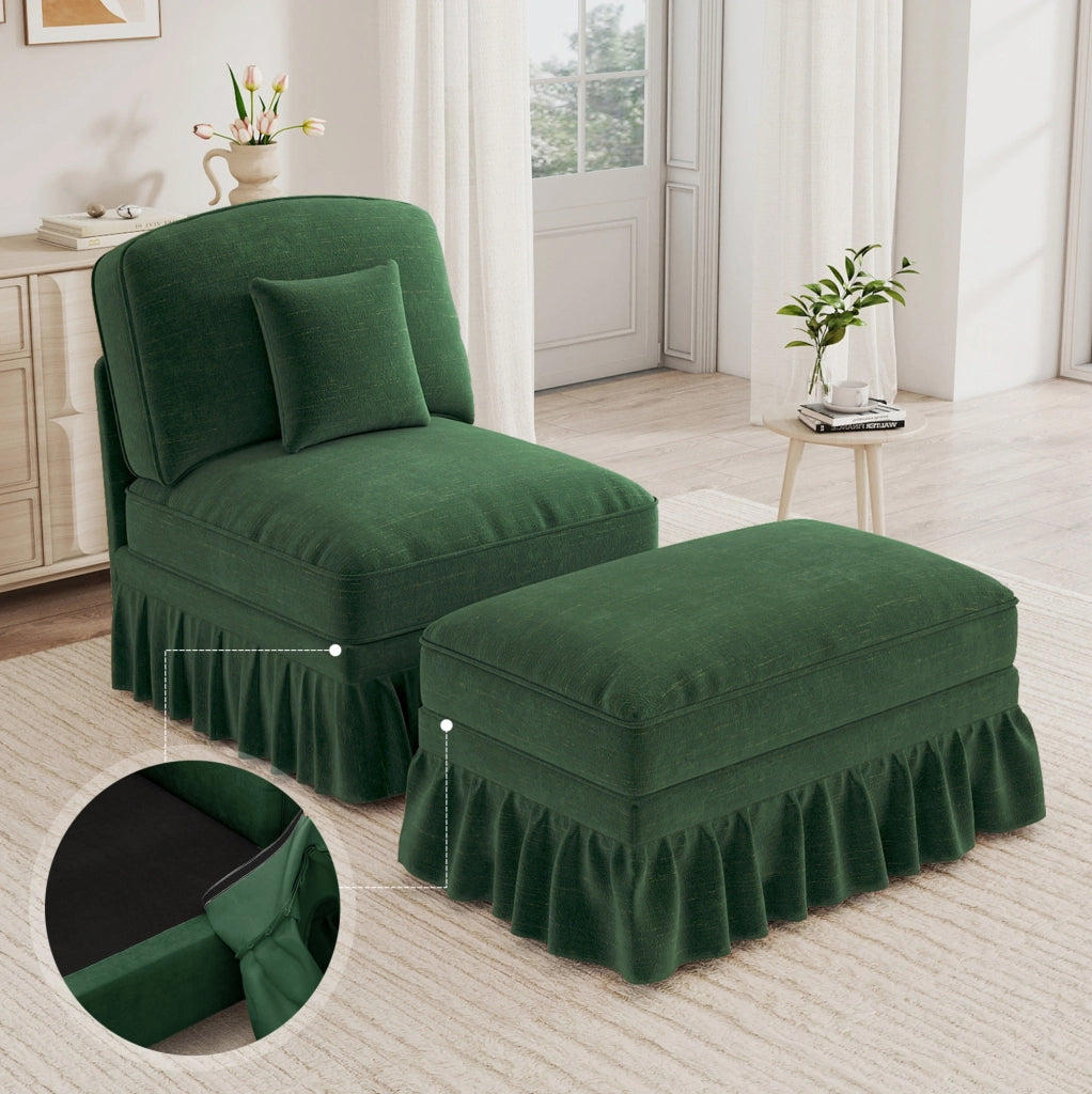Poltrona Lounge classica in chenille verde con gonna removibile e pouf mobile