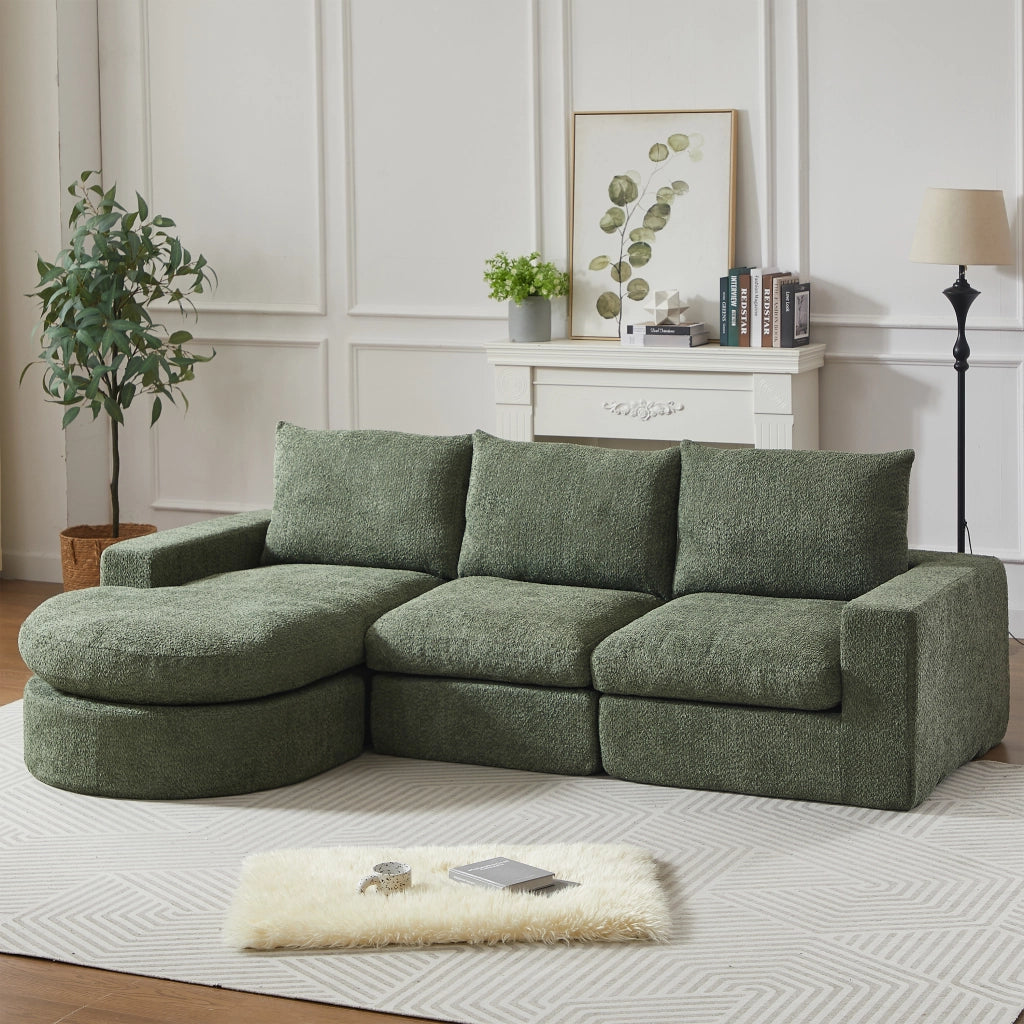 Divano angolare modulare in ciniglia verde con chaise longue reversibile e cuscini 251 × 160 × 81 cm
