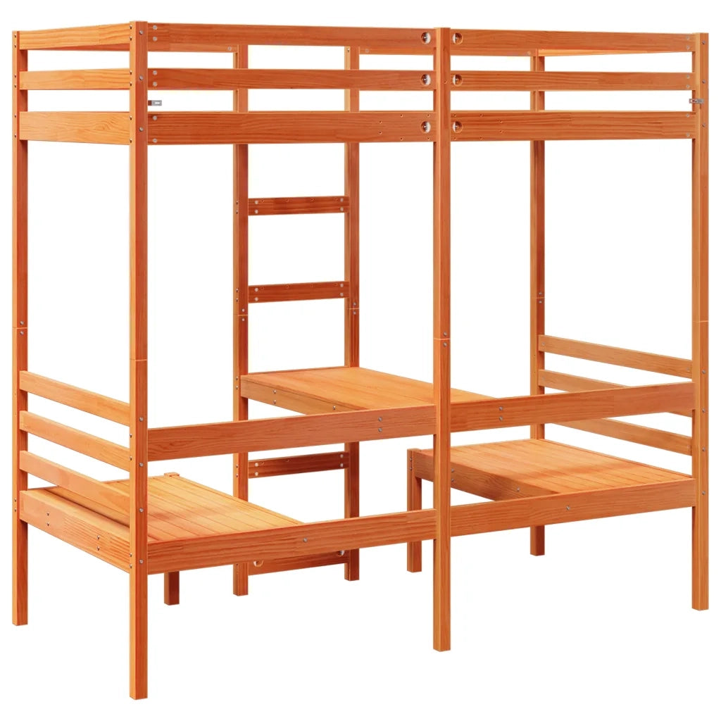 Letto singolo | Letto per adulti | Giroletto Soppalco Scrivania e Sedie Marrone Cera 75x190cm Pino