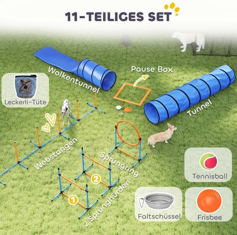 Set da agility per cani con tunnel, ostacoli e slalom