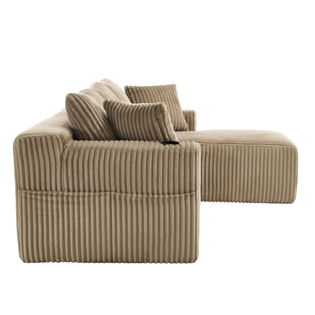 Divano modulare con chaise longue e modulo 2 posti in velluto a coste kaki