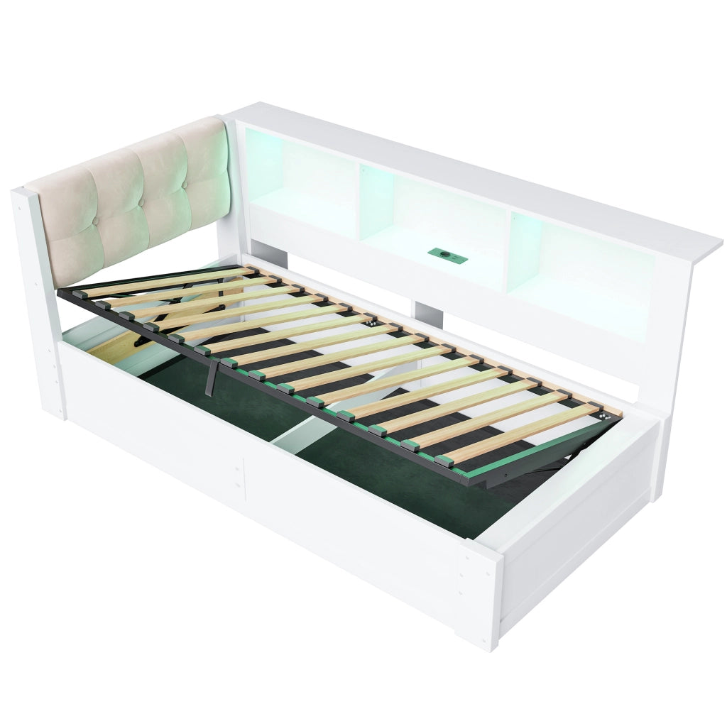 Letto 90x200 cm con contenitore idraulico, LED e USB in pino e MDF bianco