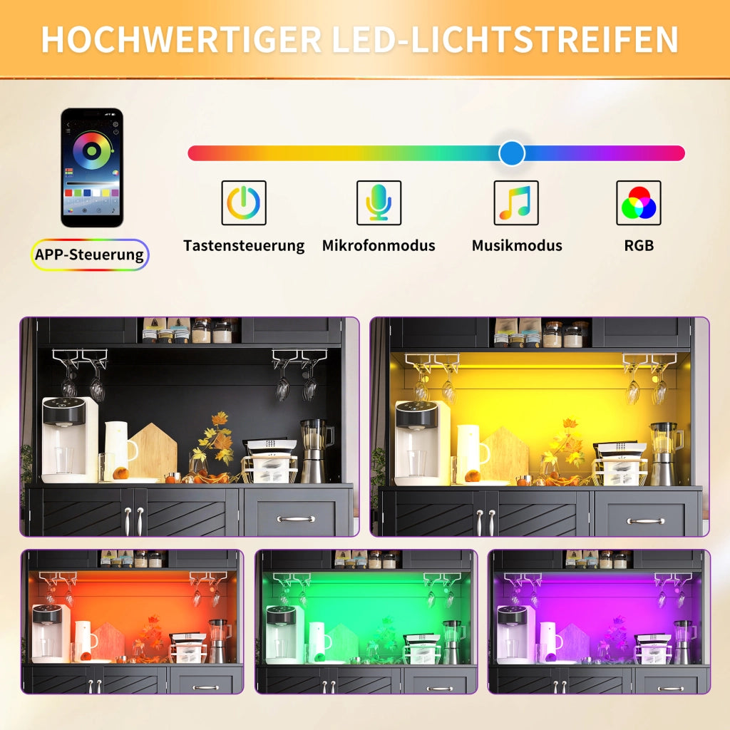 Credenza con illuminazione LED controllabile tramite app; 4 ante e portabevande in MDF nero 120 × 40 × 188 cm