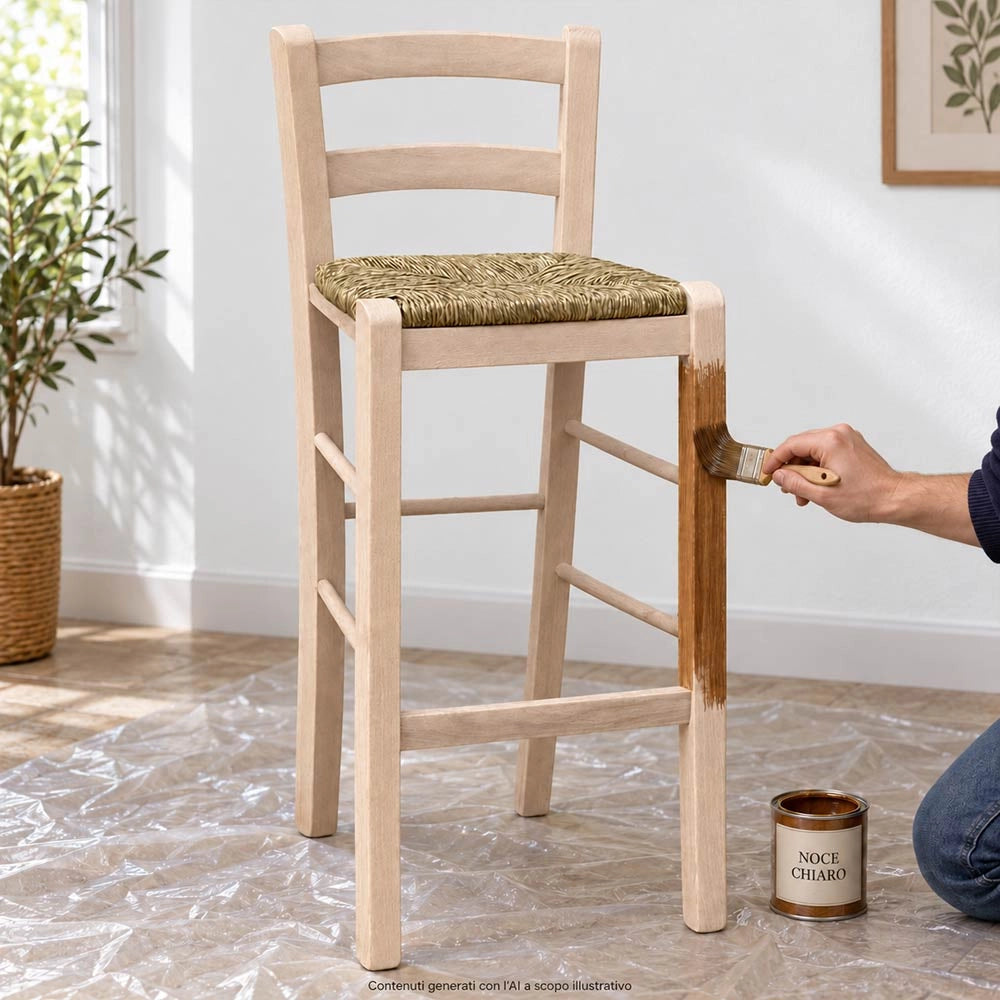 Sgabello Bar Legno Grezzo da verniciare con schienale e seduta Paglia h 67 cm
