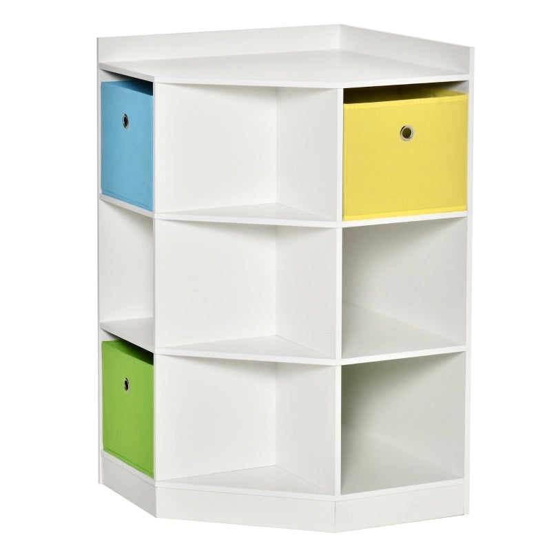Scaffale angolare per bambini bianco con 9 vani e 3 cassetti