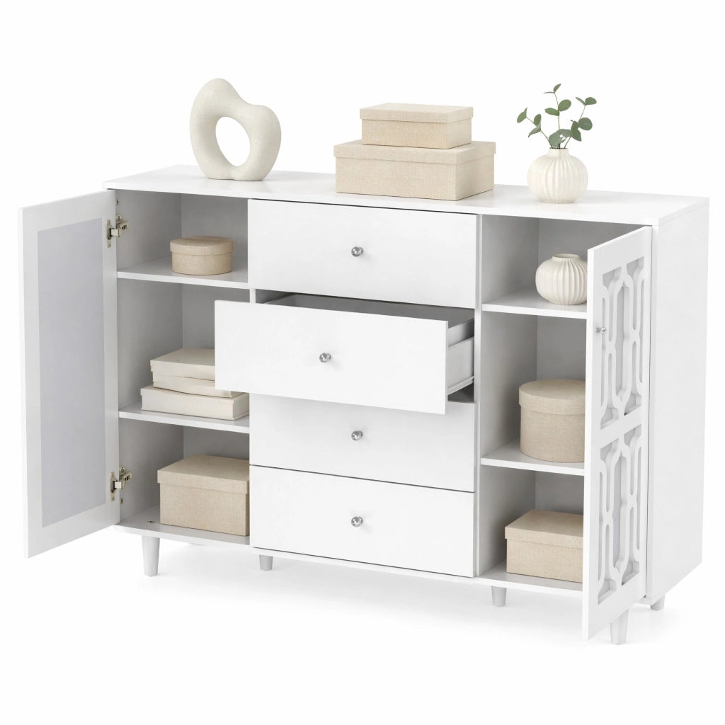Madia bianca con ante a specchio; 4 cassetti; 147;5 x 40 x 102 cm; in MDF
