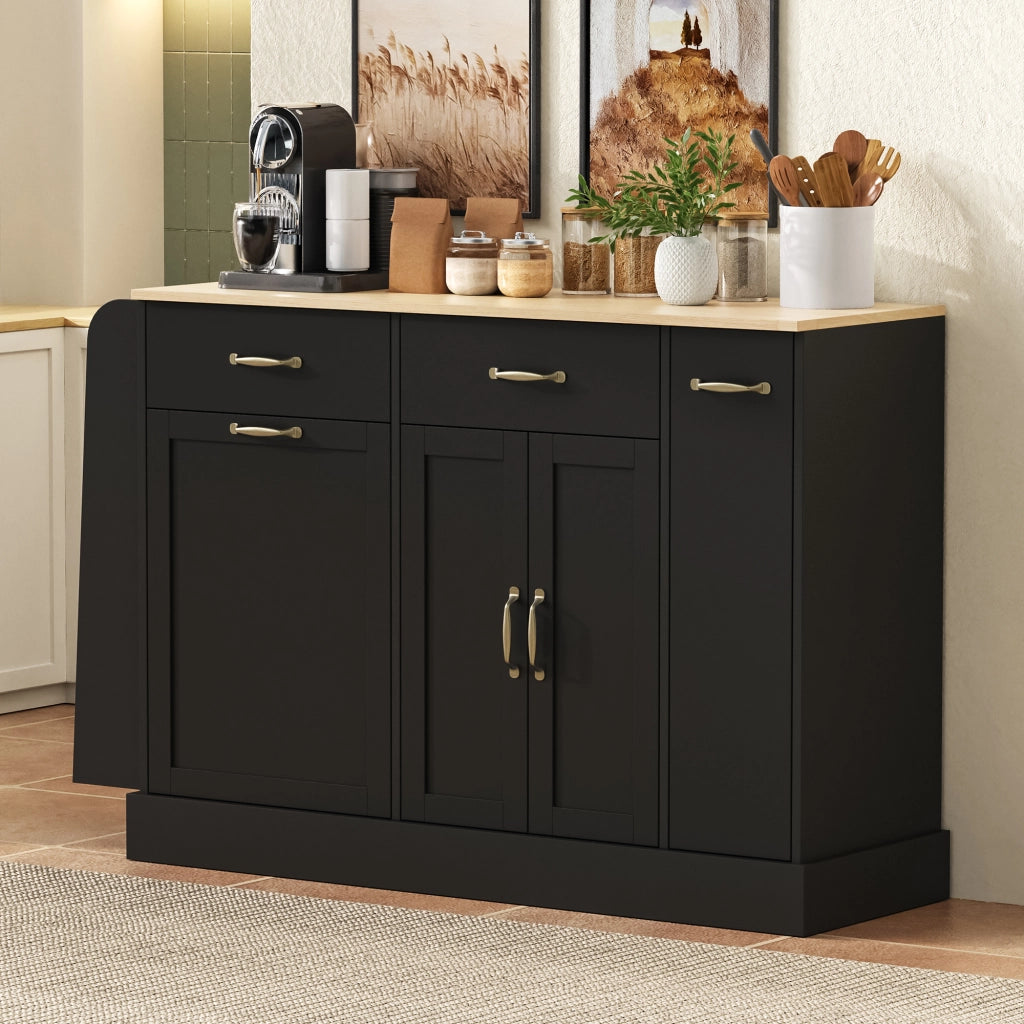 Credenza da cucina con vano pattumiera, ripiani aperti per spezie e vani contenitore, nera in MDF, 133.5 × 40 × 86 cm