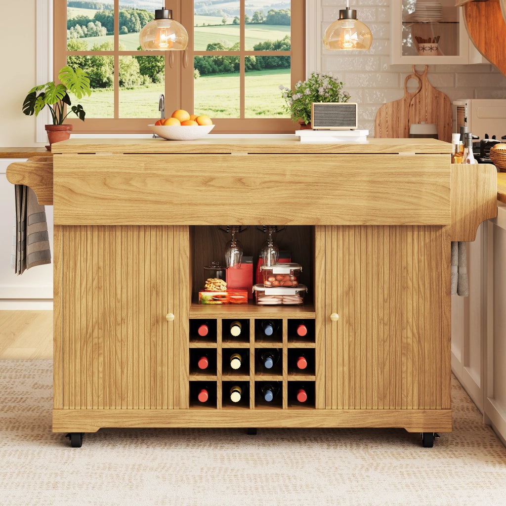 Carrello da cucina mobile con prolunghe pieghevoli; ripiani regolabili e portabottiglie estraibile in MDF naturale