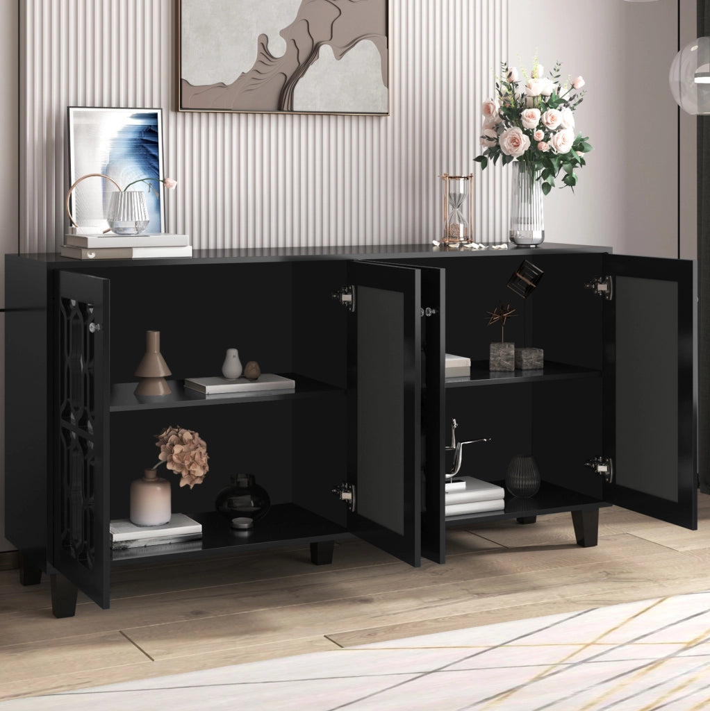 Madia nera effetto specchio con 4 ante; 2 ripiani regolabili; 160 x 40 x 84 cm
