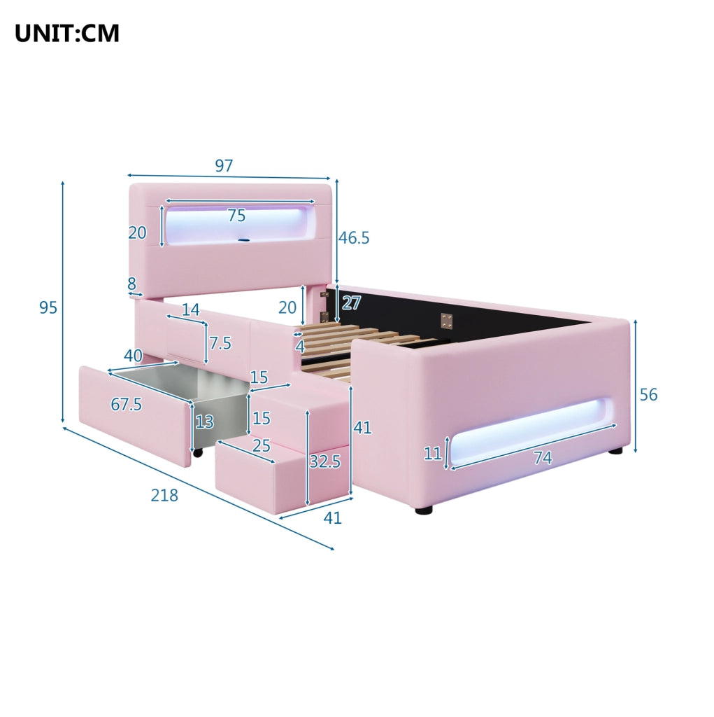 Letto piattaforma imbottito rosa 90x200 cm con scale, cassetti, luci LED e tasche portaoggetti