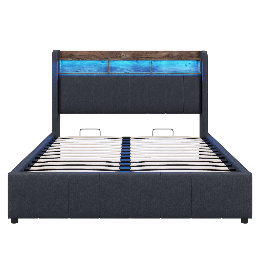 Letto imbottito 140 × 200 cm con contenitore idraulico LED USB e Type-C testiera con ripiani in tessuto di lino grigio