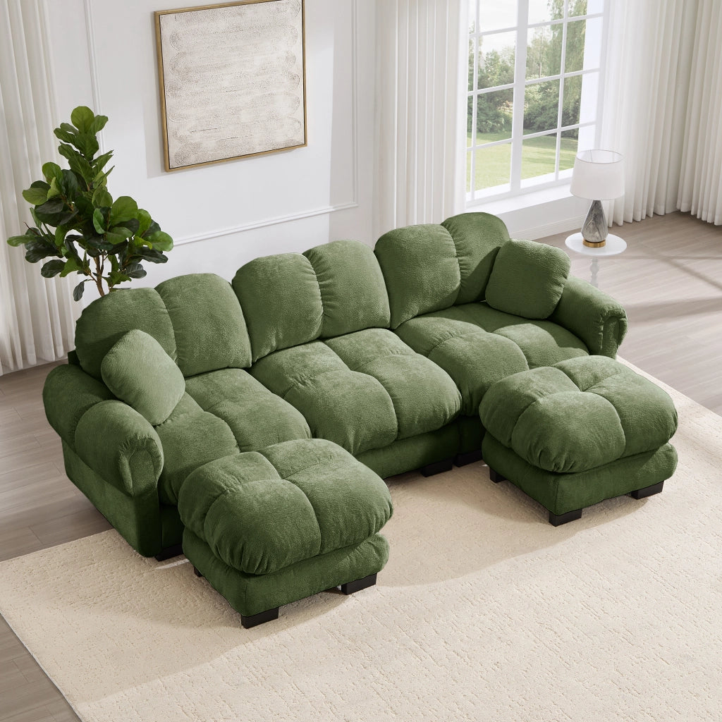 Divano angolare convertibile 3 posti con pouf mobile e 2 cuscini, Chenille Verde