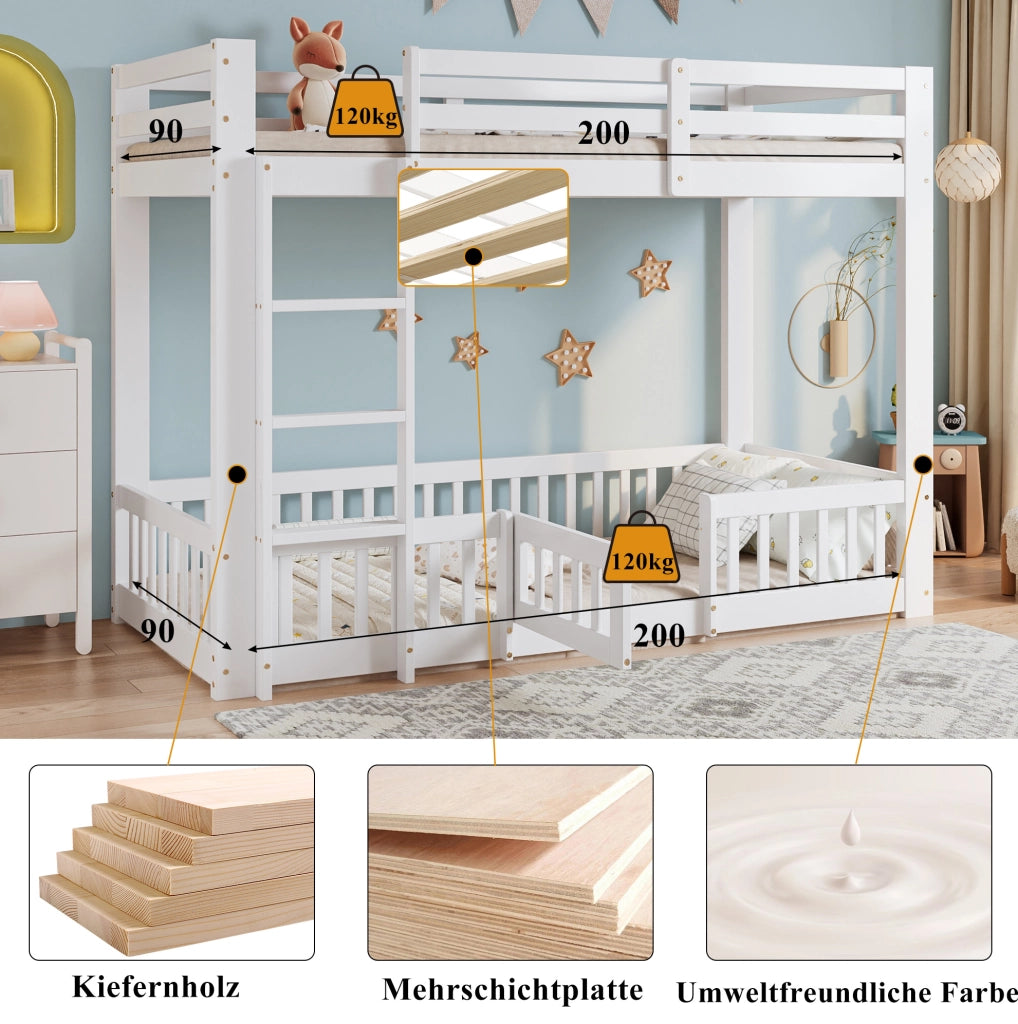 Letto a soppalco per bambini 90x200 cm in pino e compensato con scala e sponde; bianco