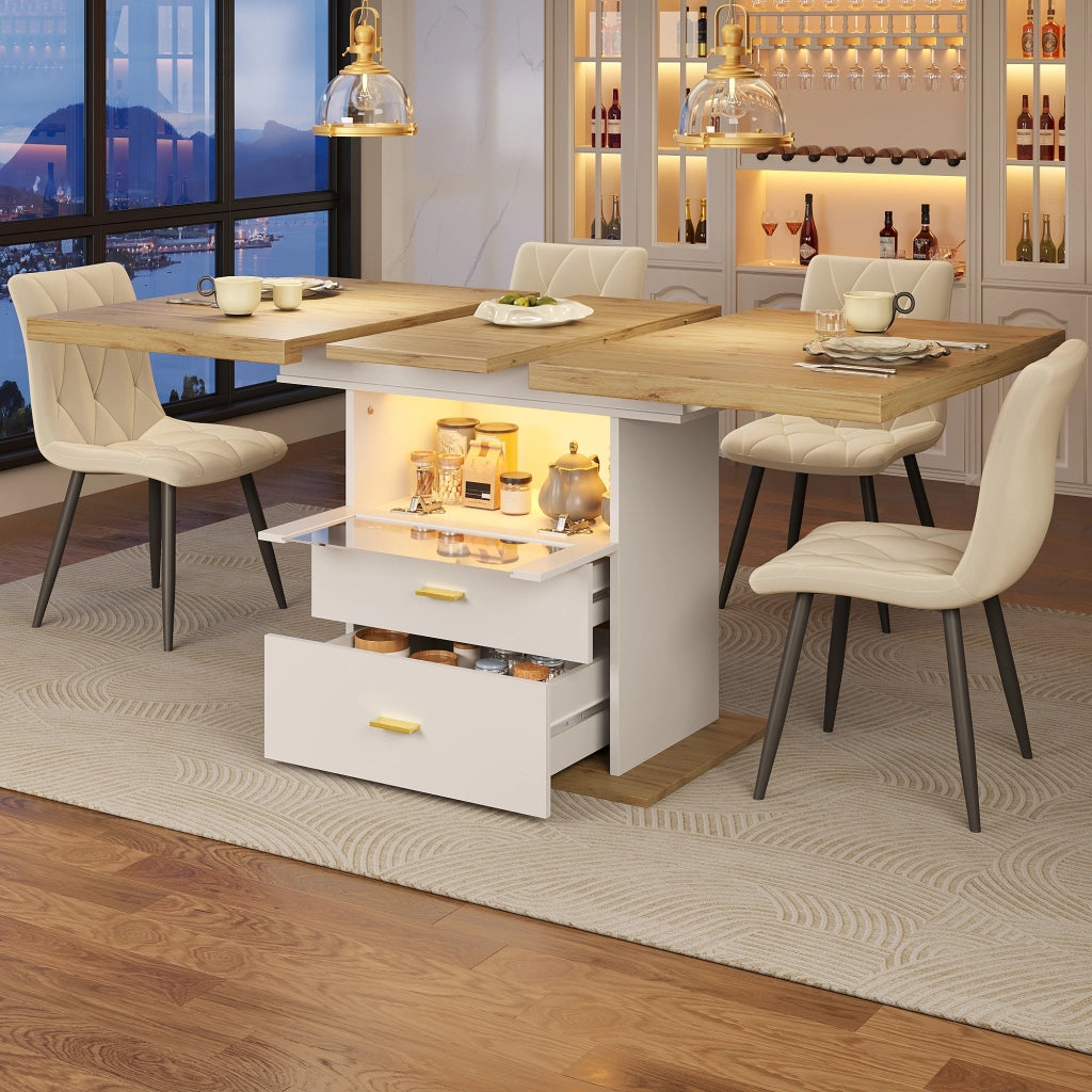 Tavolo da pranzo allungabile con LED controllabile via app e vano contenitore in MDF bianco