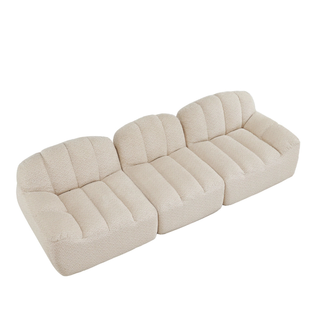 Divano modulare a 3 posti in schiuma densa 32D senza struttura, rivestimento in fleece granulato beige e bianco