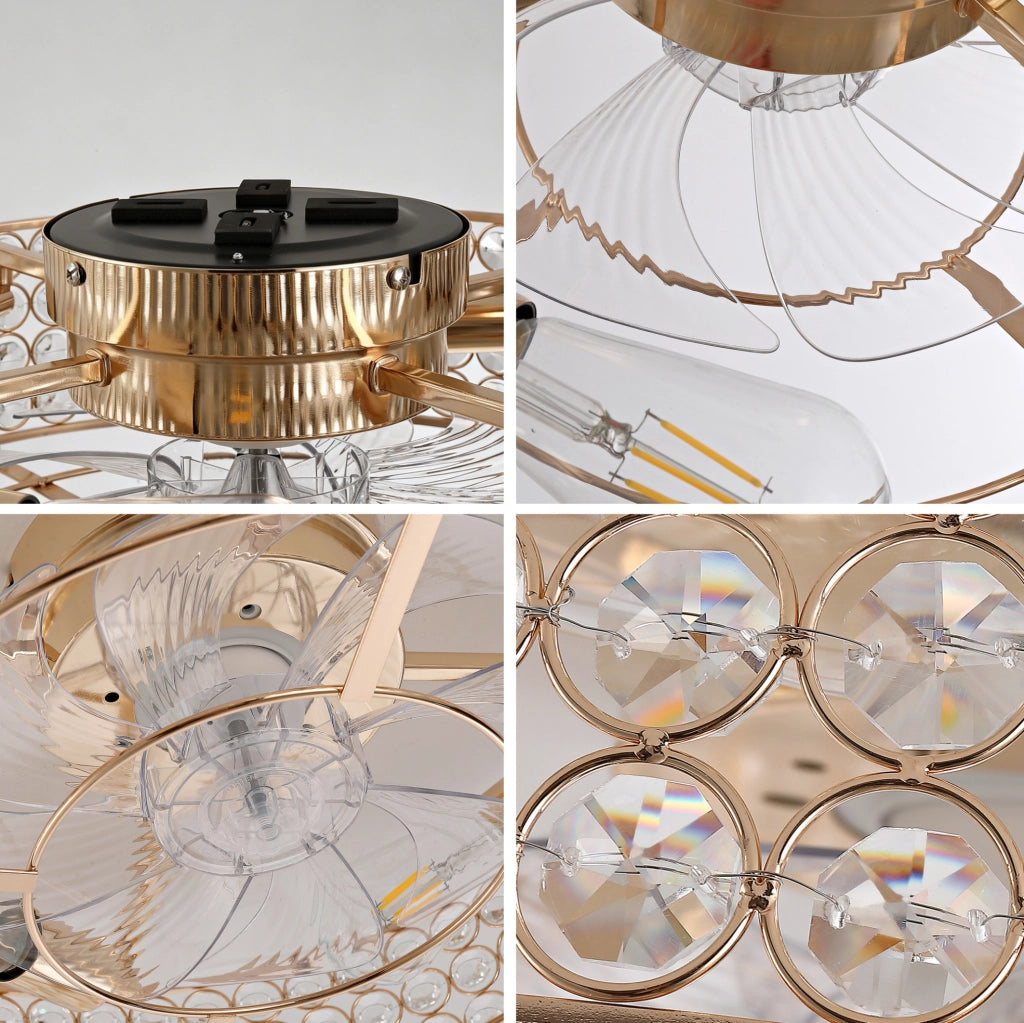 Ventilatore da incasso da 19 pollici con luce e cristalli dorati, pale ABS, controllo doppio tramite app e telecomando, 6 velocità, reversibile, per soffitti bassi