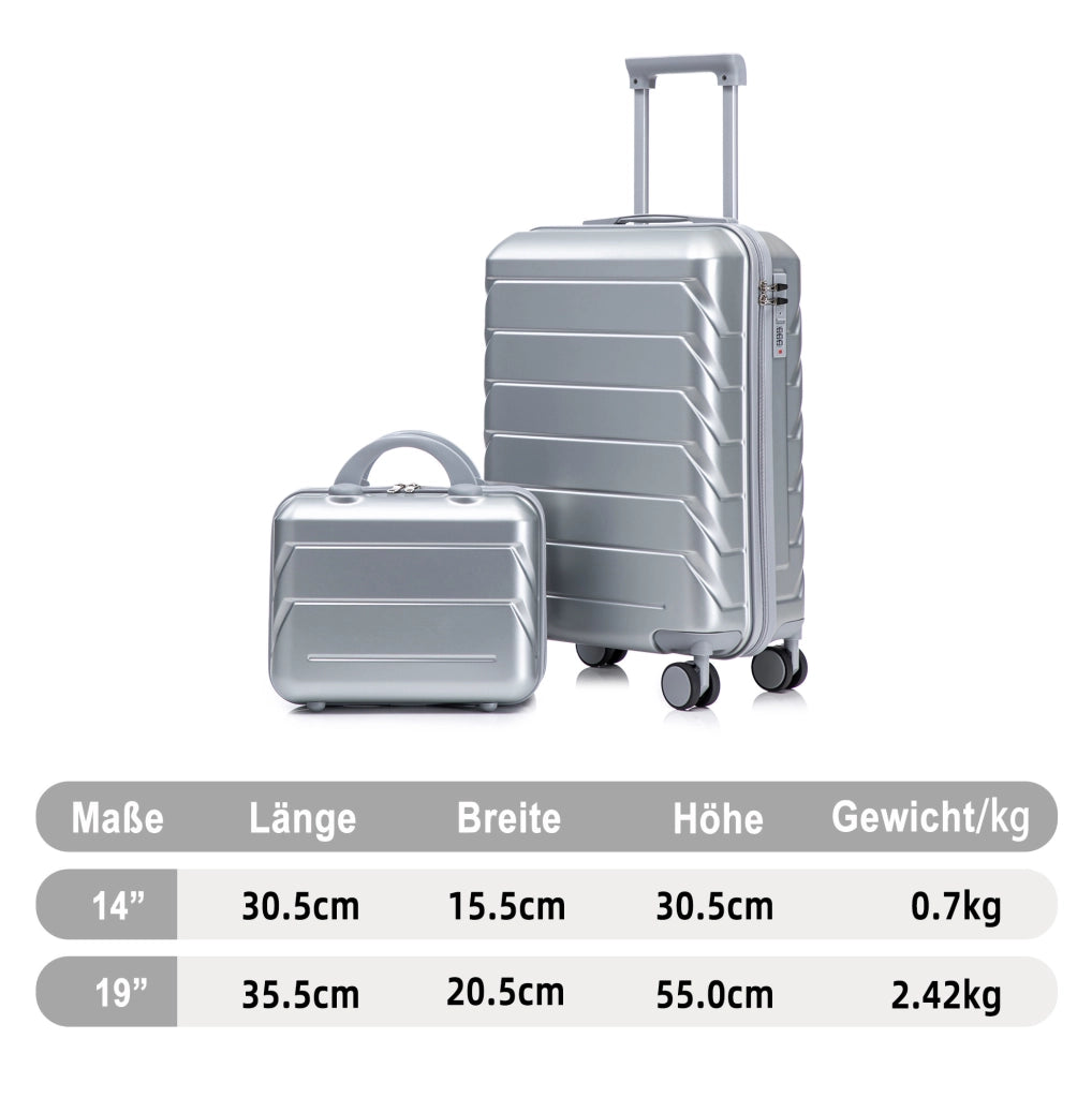 Set Valigie Rigide ABS con Spinner da 14" e 19" con Trolley e Porta Cosmetici Argento