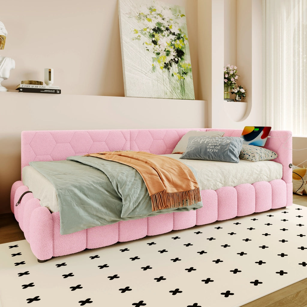 Letto da Giorno 90x200 cm in velluto con Contenitore Idraulico; LED; USB-C Rosa