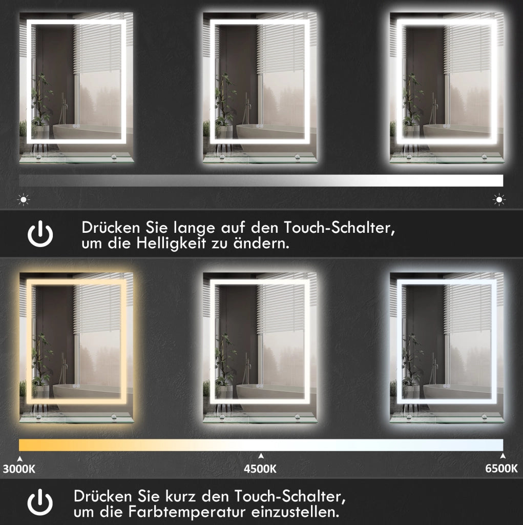 Specchio da bagno con illuminazione LED 70x50 cm, 3 tonalità di luce, antiappannamento, con mensola e interruttore touch, protezione IP44