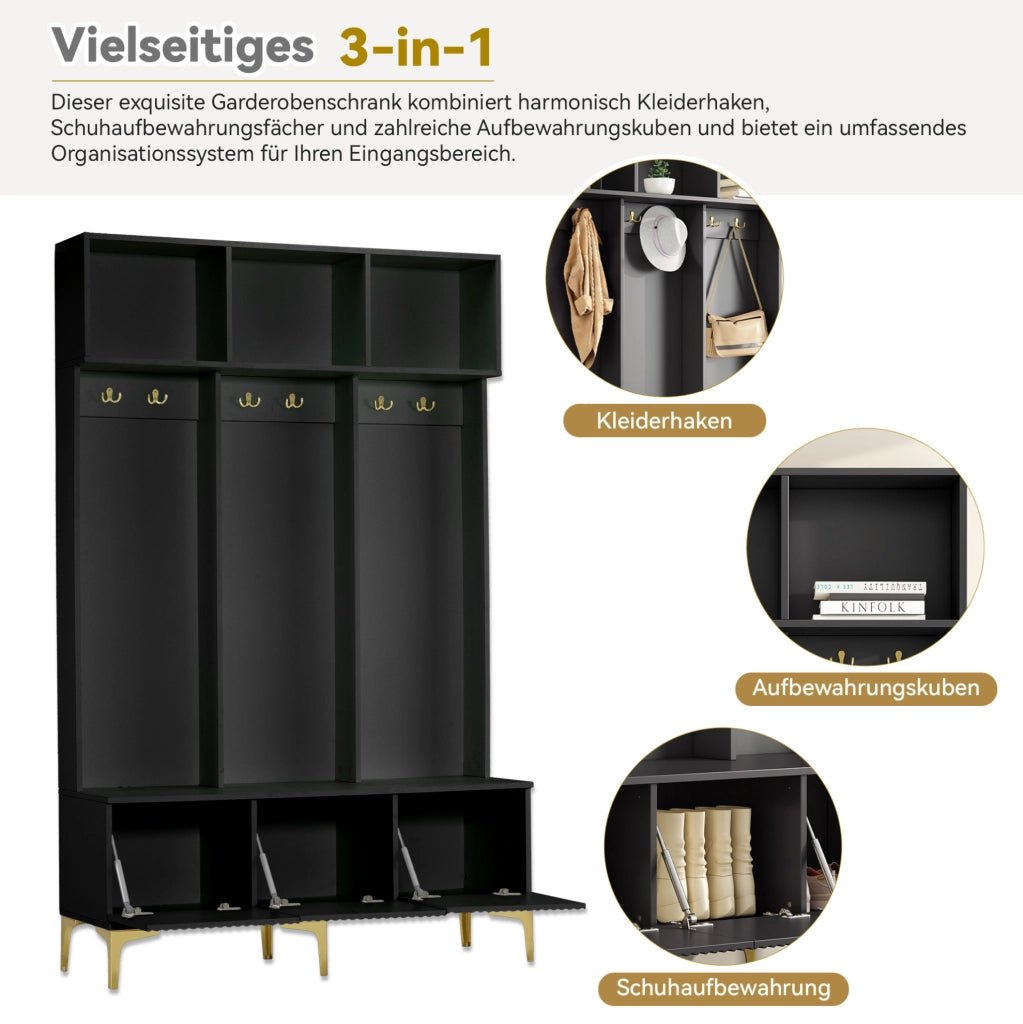 Set guardaroba con panca e scarpiera, nero, 120 × 40 × 191 cm