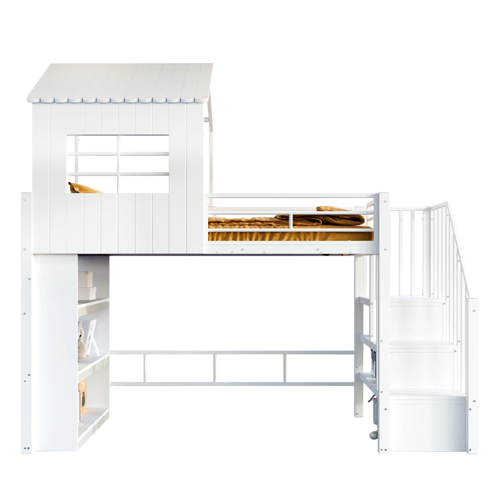 Letto a soppalco singolo 90 × 200 cm con scala reversibile e contenitori in metallo MDF bianco