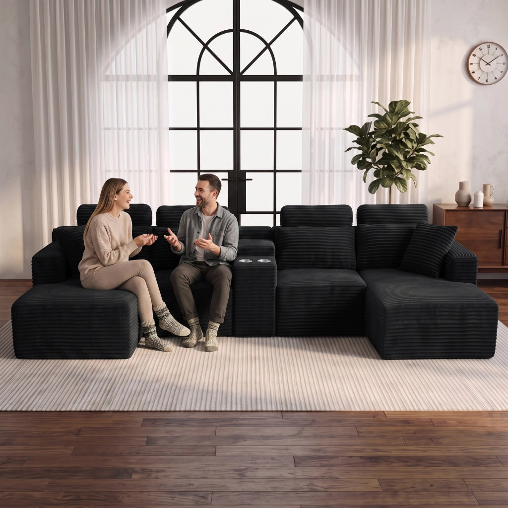 Divano Angolare Modulare a U 372 cm Cloud Sofa con Portabicchieri Integrati; Nero