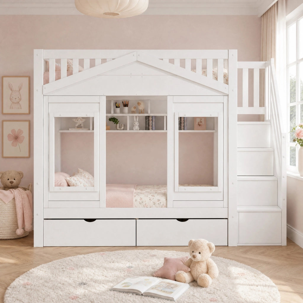 Letto a soppalco per bambini 90 × 200 cm con scala contenitore legno di pino e MDF bianco con cassetto