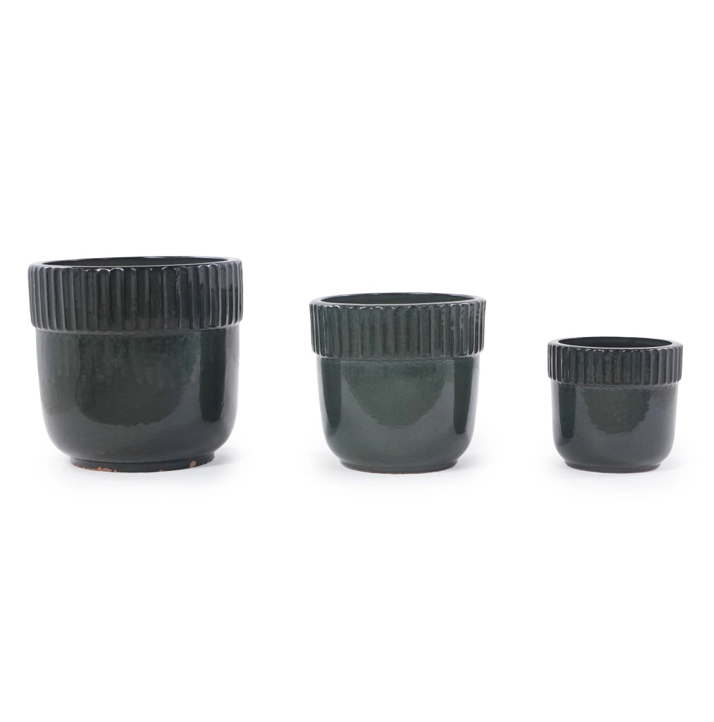 Set di 3 Vasi in Ceramica Artigianali Ø 38/30,5/23 cm, Verde Scuro Lucido con Righe Verticali, con Fori di Drenaggio per Giardino e Balcone