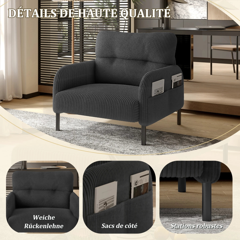 Poltrona in velluto a coste 67x75x79 cm con tasca laterale; grigia