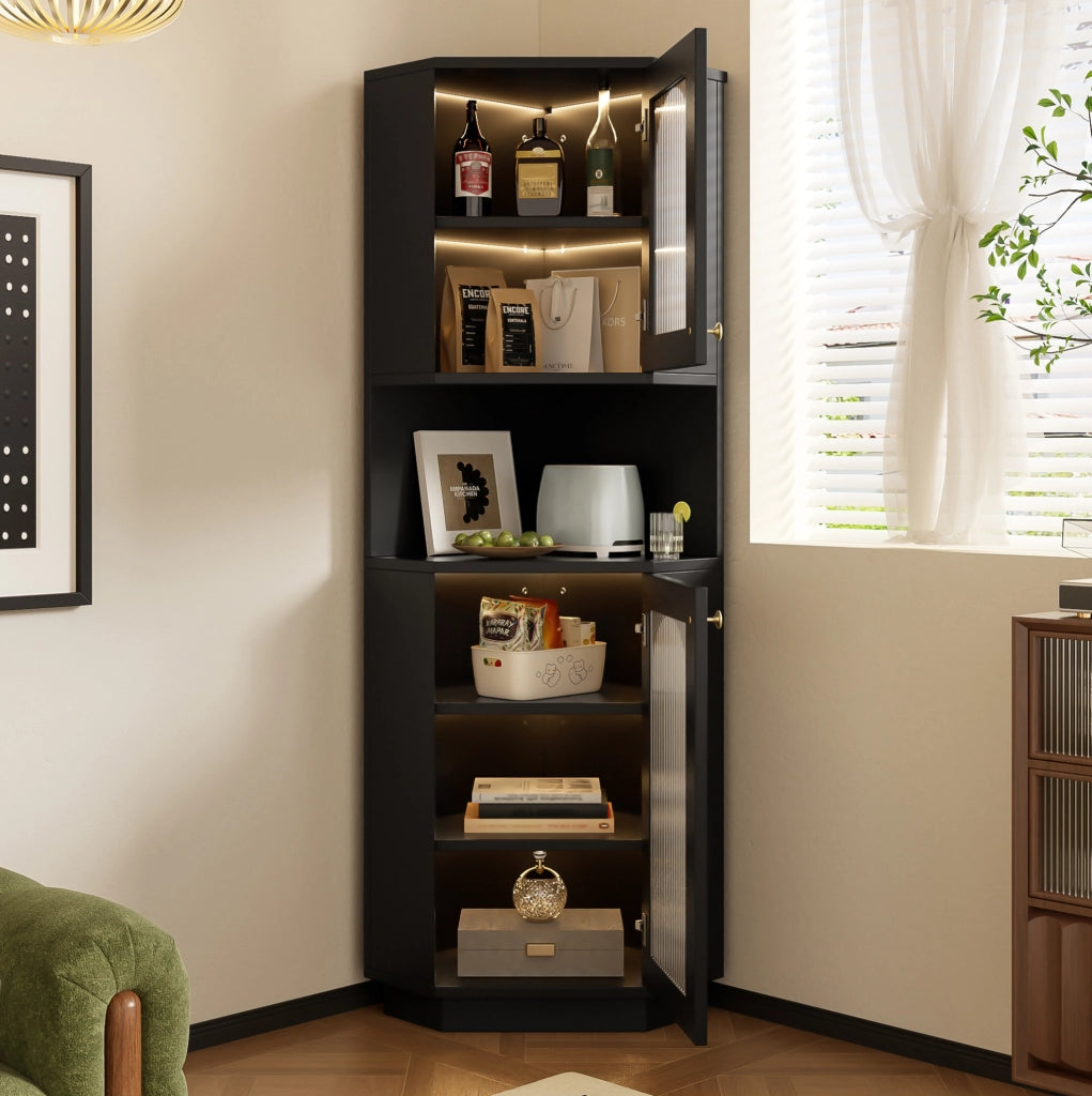 Mobile bagno angolare nero in MDF con luce interna e ripiani regolabili
