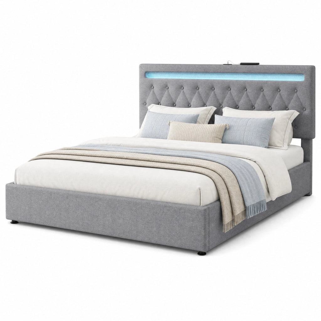 Letto contenitore 180 × 200 cm con sollevamento idraulico LED e porta USB in lino e MDF grigio