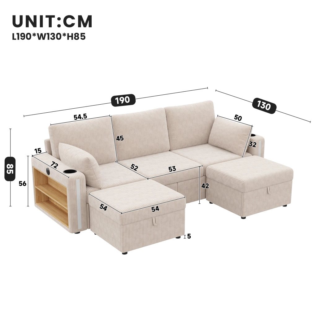Divano modulare 190x130 cm a U/L con LED, USB-C, contenitore e rivestimento in velluto a coste beige
