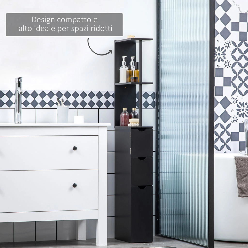 MOBILE COLONNA SALVASPAZIO IN LEGNO CON RIPIANI E CASSETTI 15X33X136CM NERO